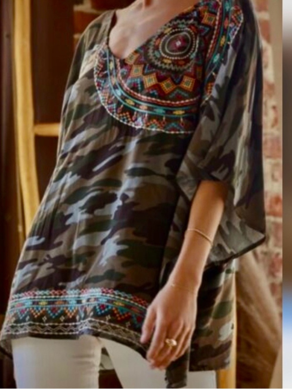 Savanna Jane Camo Poncho with Multicolor Embroidered Yoke